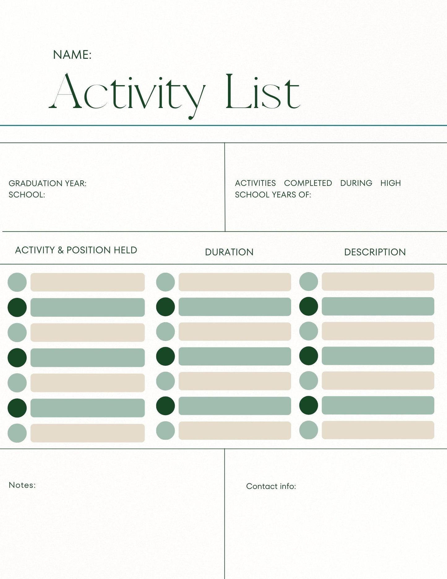 High School Activity List