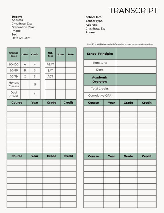 High School Transcript Template